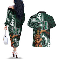 Hawaii Ikaika Warrior Football Couples Matching Off The Shoulder Long Sleeve Dress and Hawaiian Shirt Polynesian Tribal Tattoo - Polynesian Pride