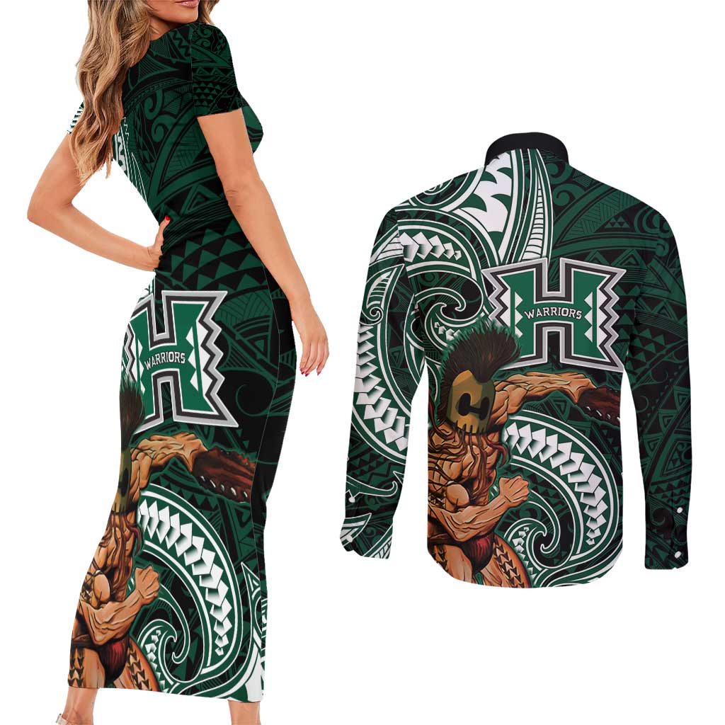 Hawaii Ikaika Warrior Football Couples Matching Short Sleeve Bodycon Dress and Long Sleeve Button Shirt Polynesian Tribal Tattoo - Polynesian Pride