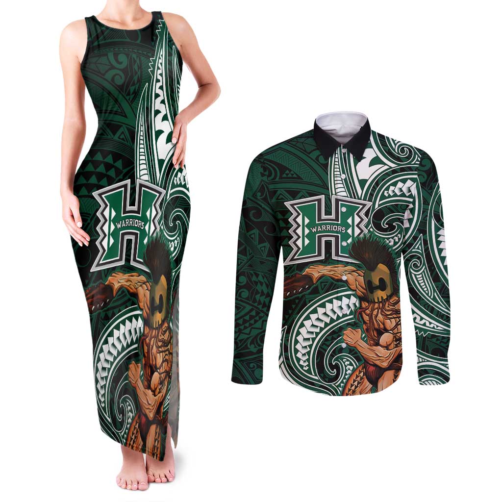Hawaii Ikaika Warrior Football Couples Matching Tank Maxi Dress and Long Sleeve Button Shirt Polynesian Tribal Tattoo - Polynesian Pride