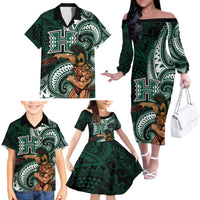 Hawaii Ikaika Warrior Football Family Matching Off The Shoulder Long Sleeve Dress and Hawaiian Shirt Polynesian Tribal Tattoo - Polynesian Pride