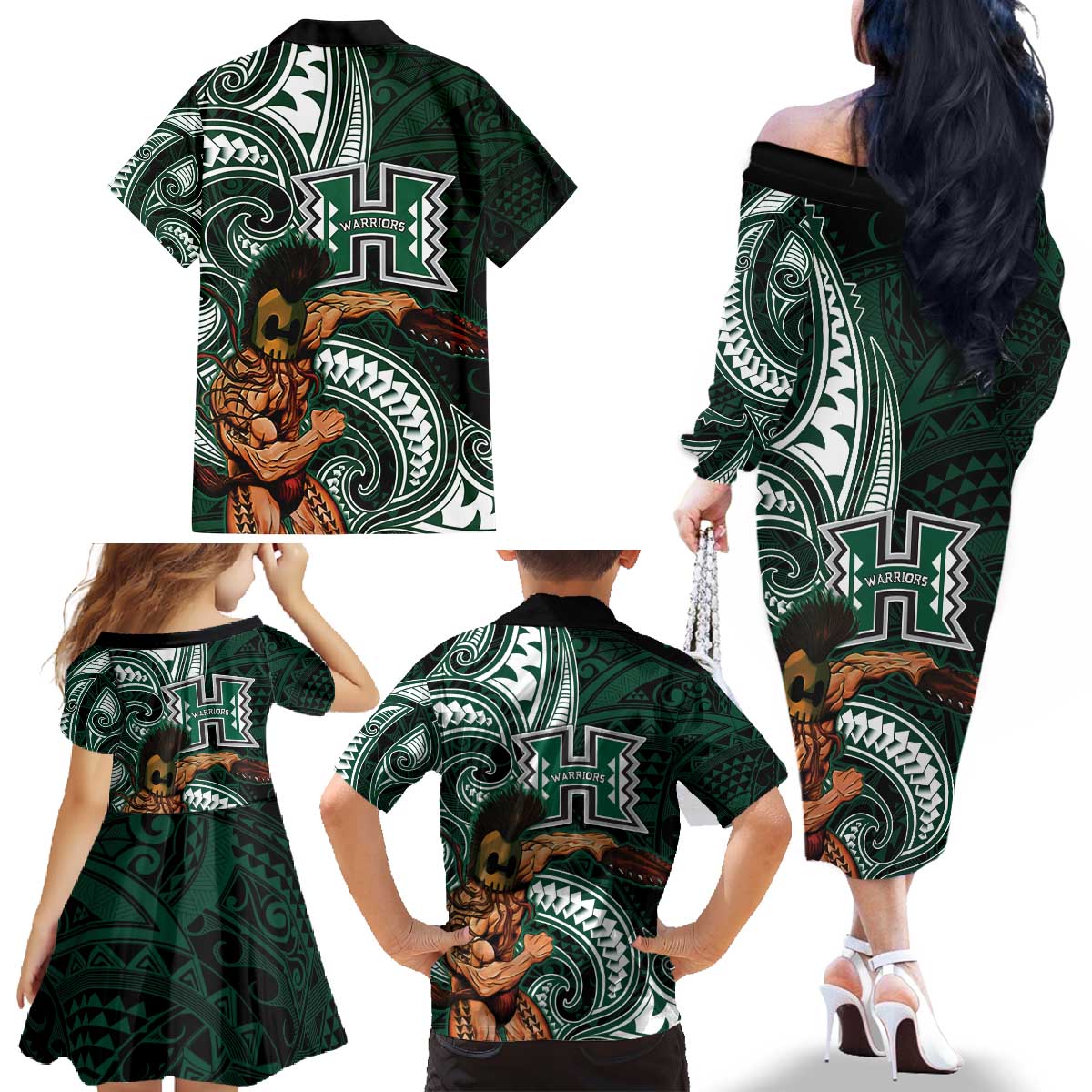 Hawaii Ikaika Warrior Football Family Matching Off The Shoulder Long Sleeve Dress and Hawaiian Shirt Polynesian Tribal Tattoo - Polynesian Pride