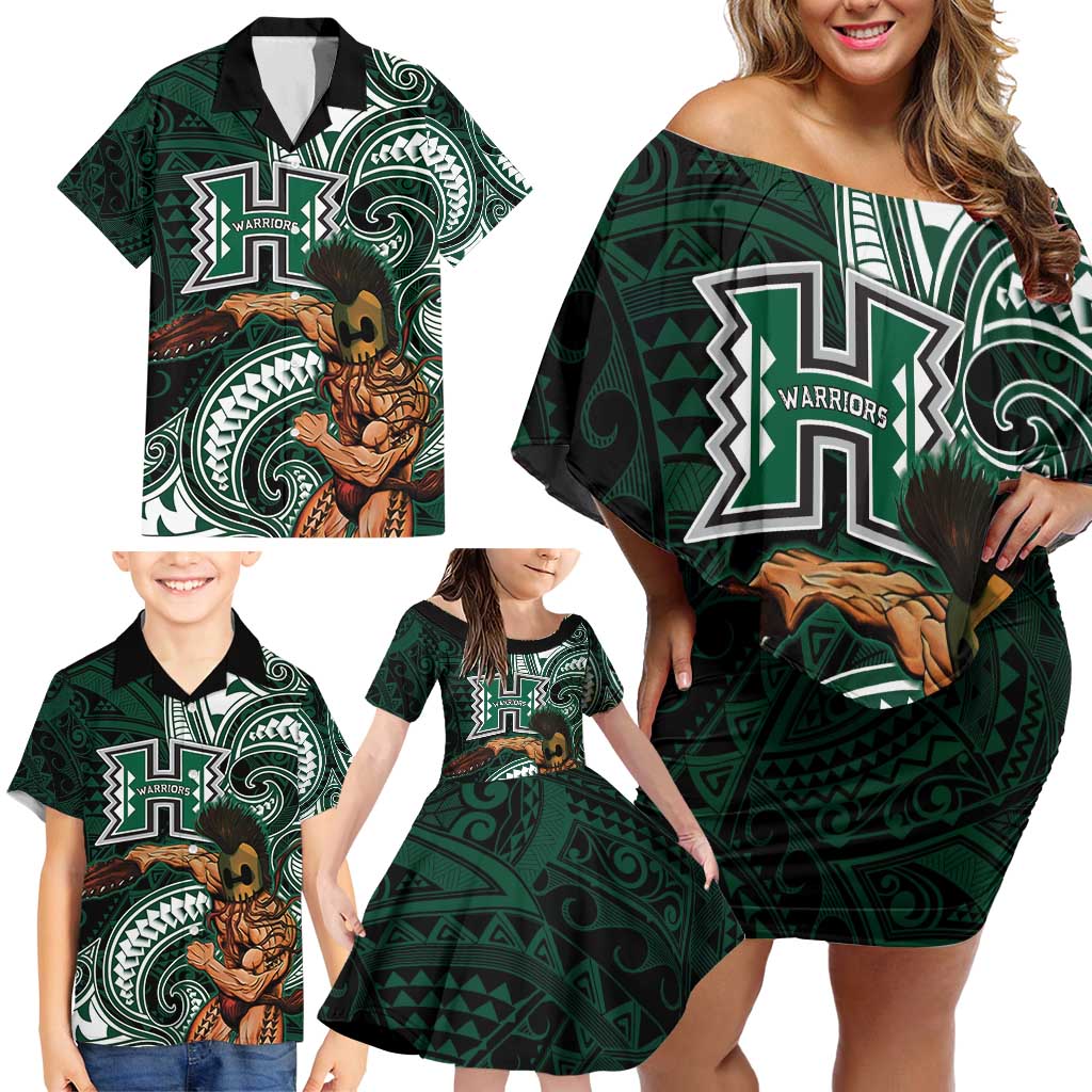 Hawaii Ikaika Warrior Football Family Matching Off Shoulder Short Dress and Hawaiian Shirt Polynesian Tribal Tattoo - Polynesian Pride
