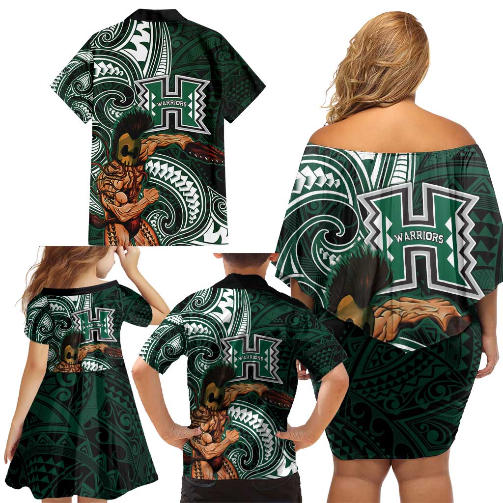 Hawaii Ikaika Warrior Football Family Matching Off Shoulder Short Dress and Hawaiian Shirt Polynesian Tribal Tattoo - Polynesian Pride