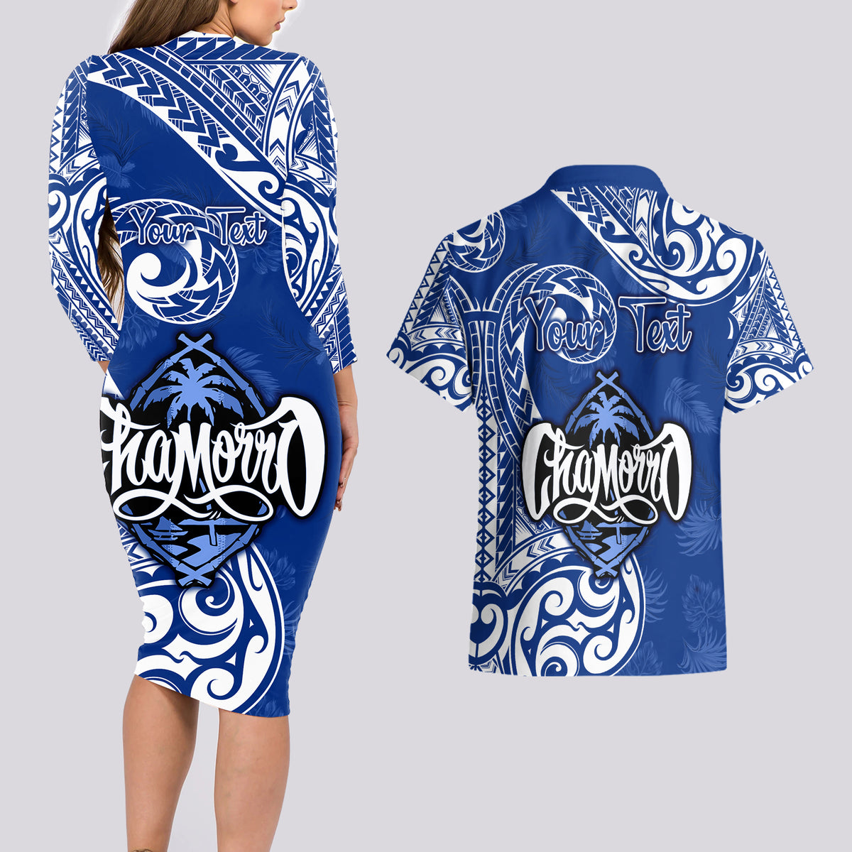 Personalised Hafa Adai Guam History and Chamorro Heritage Day Couples Matching Long Sleeve Bodycon Dress and Hawaiian Shirt Blue Latte Stone LT05 - Polynesian Pride