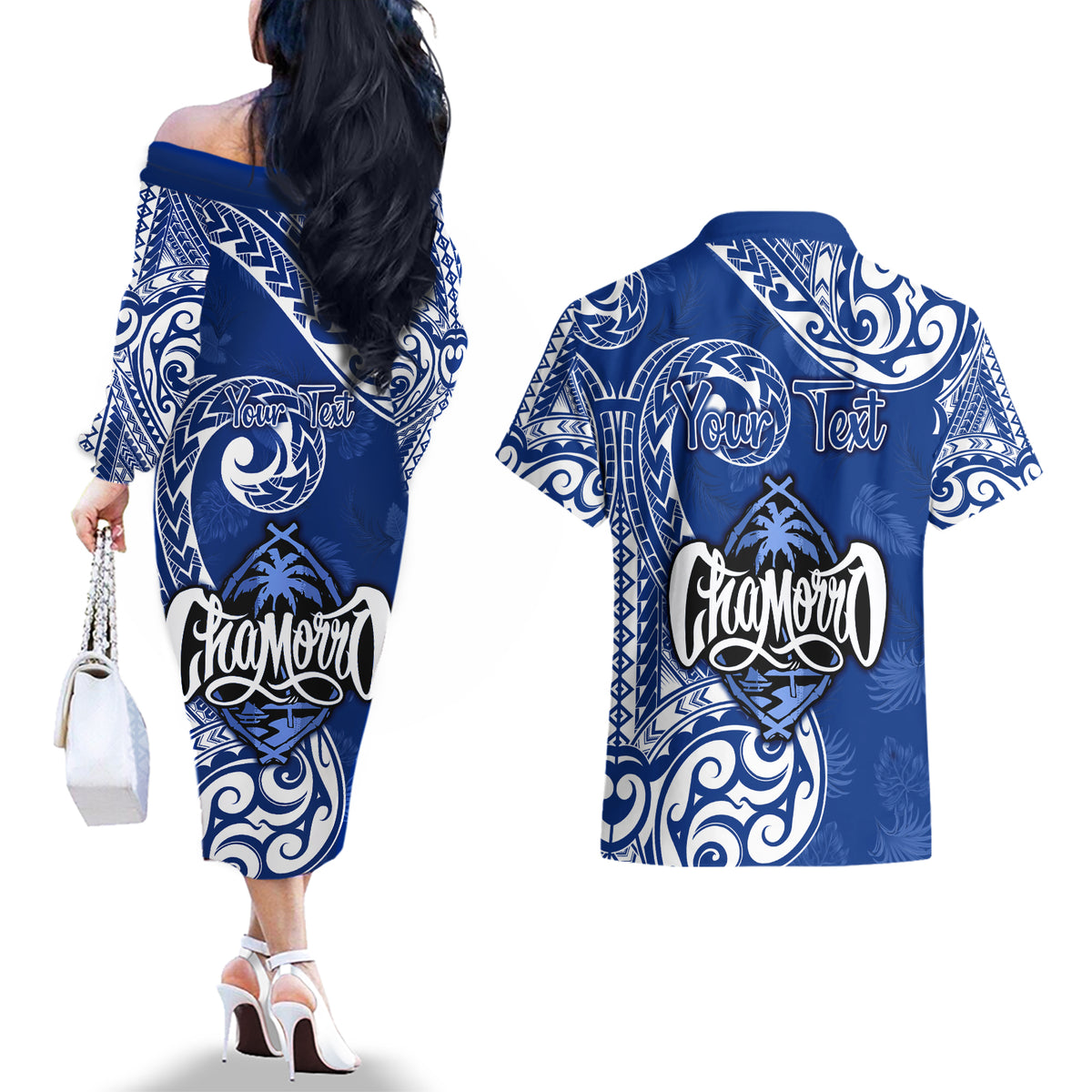 Personalised Hafa Adai Guam History and Chamorro Heritage Day Couples Matching Off The Shoulder Long Sleeve Dress and Hawaiian Shirt Blue Latte Stone LT05 - Polynesian Pride