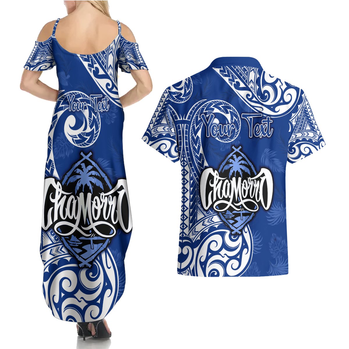 Personalised Hafa Adai Guam History and Chamorro Heritage Day Couples Matching Summer Maxi Dress and Hawaiian Shirt Blue Latte Stone LT05 - Polynesian Pride