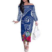 Personalised Hafa Adai Guam History and Chamorro Heritage Day Family Matching Off Shoulder Long Sleeve Dress and Hawaiian Shirt Blue Latte Stone LT05 Mom's Dress Blue - Polynesian Pride