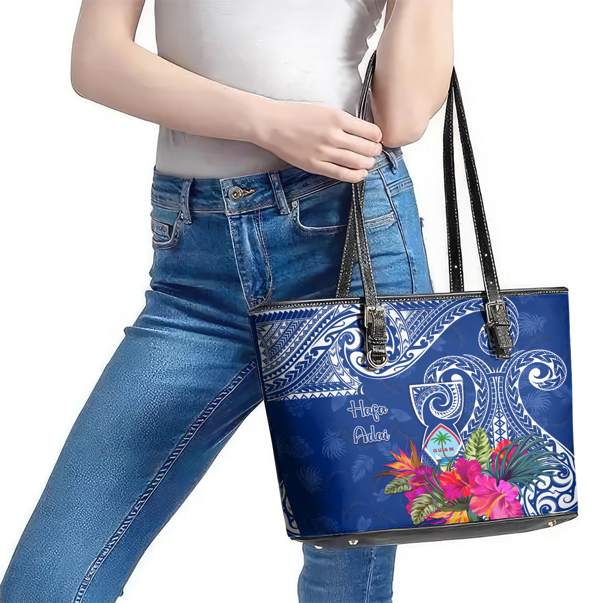 Hafa Adai Guam History and Chamorro Heritage Day Leather Tote Bag Blue Latte Stone LT05 - Polynesian Pride