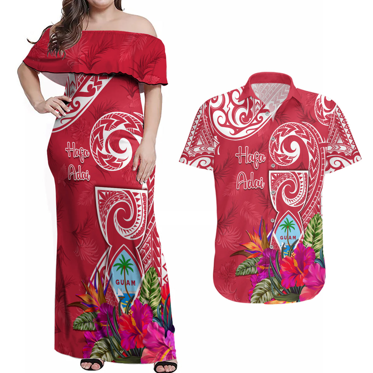 Personalised Hafa Adai Guam History and Chamorro Heritage Day Couples Matching Off Shoulder Maxi Dress and Hawaiian Shirt Red Latte Stone LT05 Red - Polynesian Pride