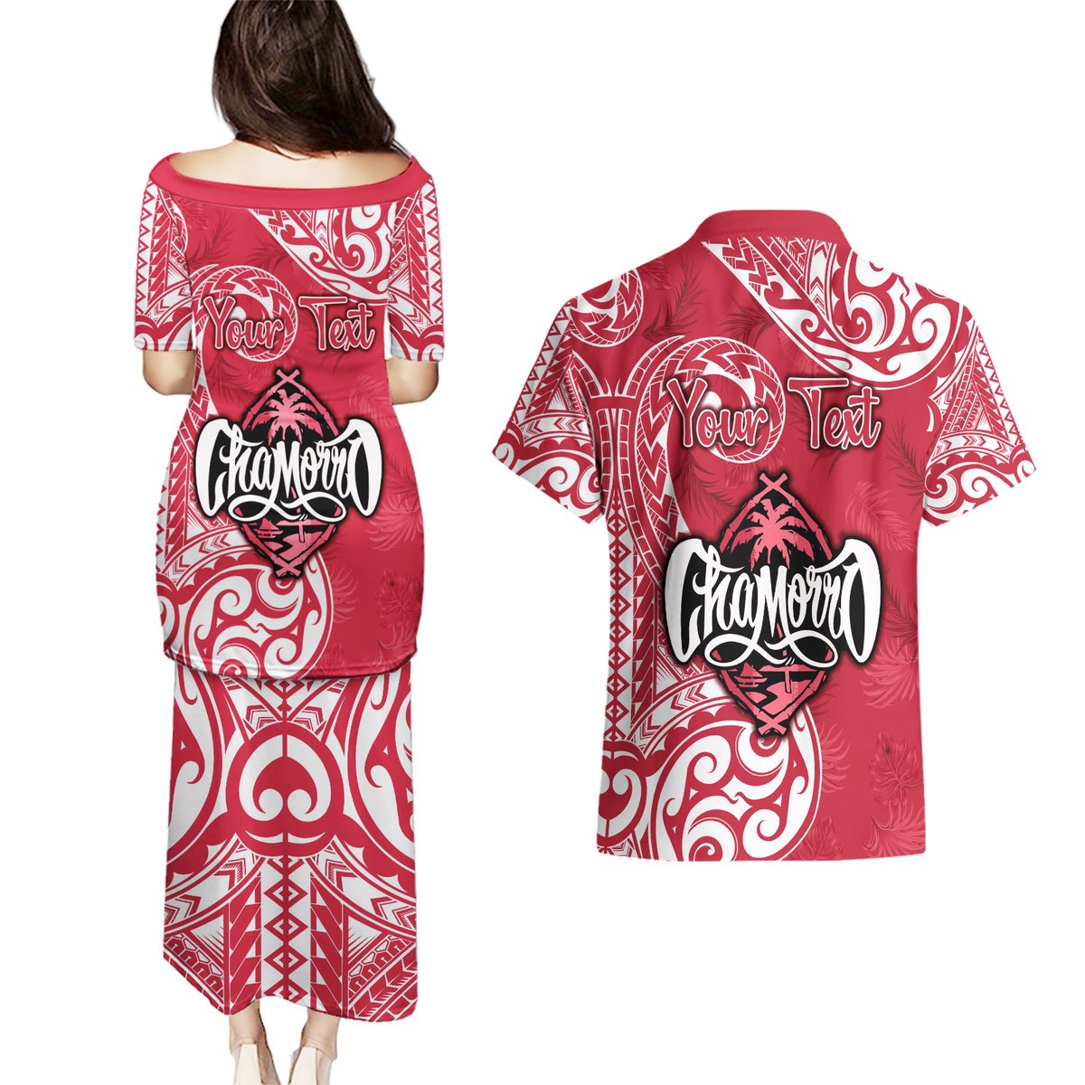 Personalised Hafa Adai Guam History and Chamorro Heritage Day Couples Matching Puletasi Dress and Hawaiian Shirt Red Latte Stone LT05 - Polynesian Pride