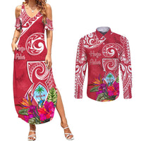 Personalised Hafa Adai Guam History and Chamorro Heritage Day Couples Matching Summer Maxi Dress and Long Sleeve Button Shirt Red Latte Stone LT05 Red - Polynesian Pride