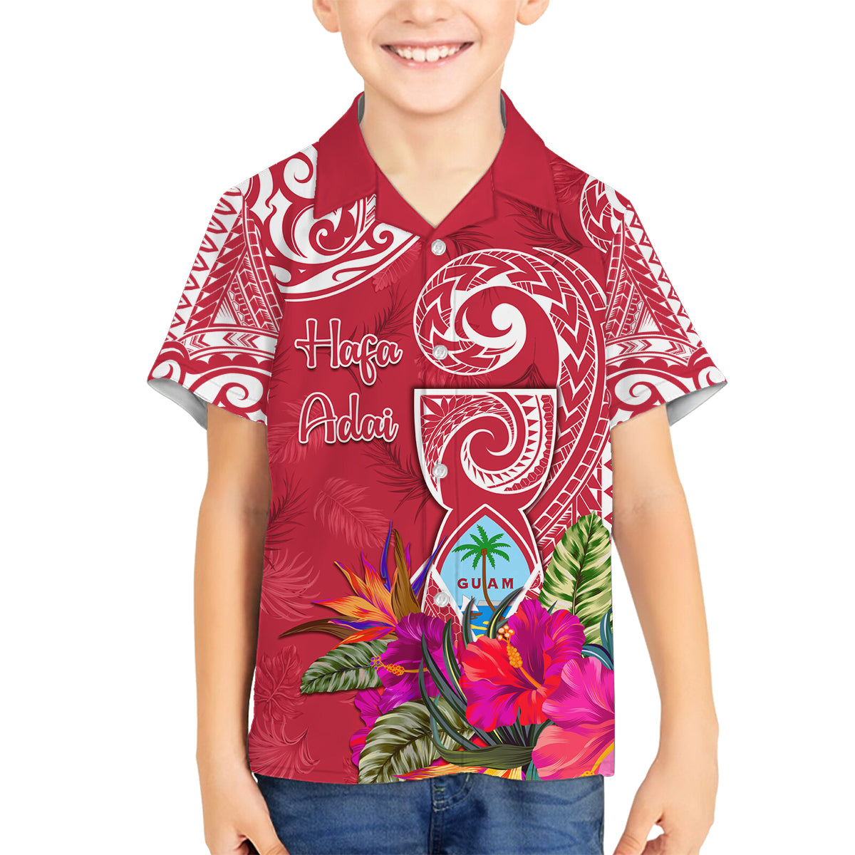 Personalised Hafa Adai Guam History and Chamorro Heritage Day Family Matching Long Sleeve Bodycon Dress and Hawaiian Shirt Red Latte Stone LT05 Son's Shirt Red - Polynesian Pride