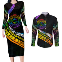 Personalised LGBT History Month Couples Matching Long Sleeve Bodycon Dress and Long Sleeve Button Shirt Proud And Happy Polynesian Dolphin LT05 Black - Polynesian Pride