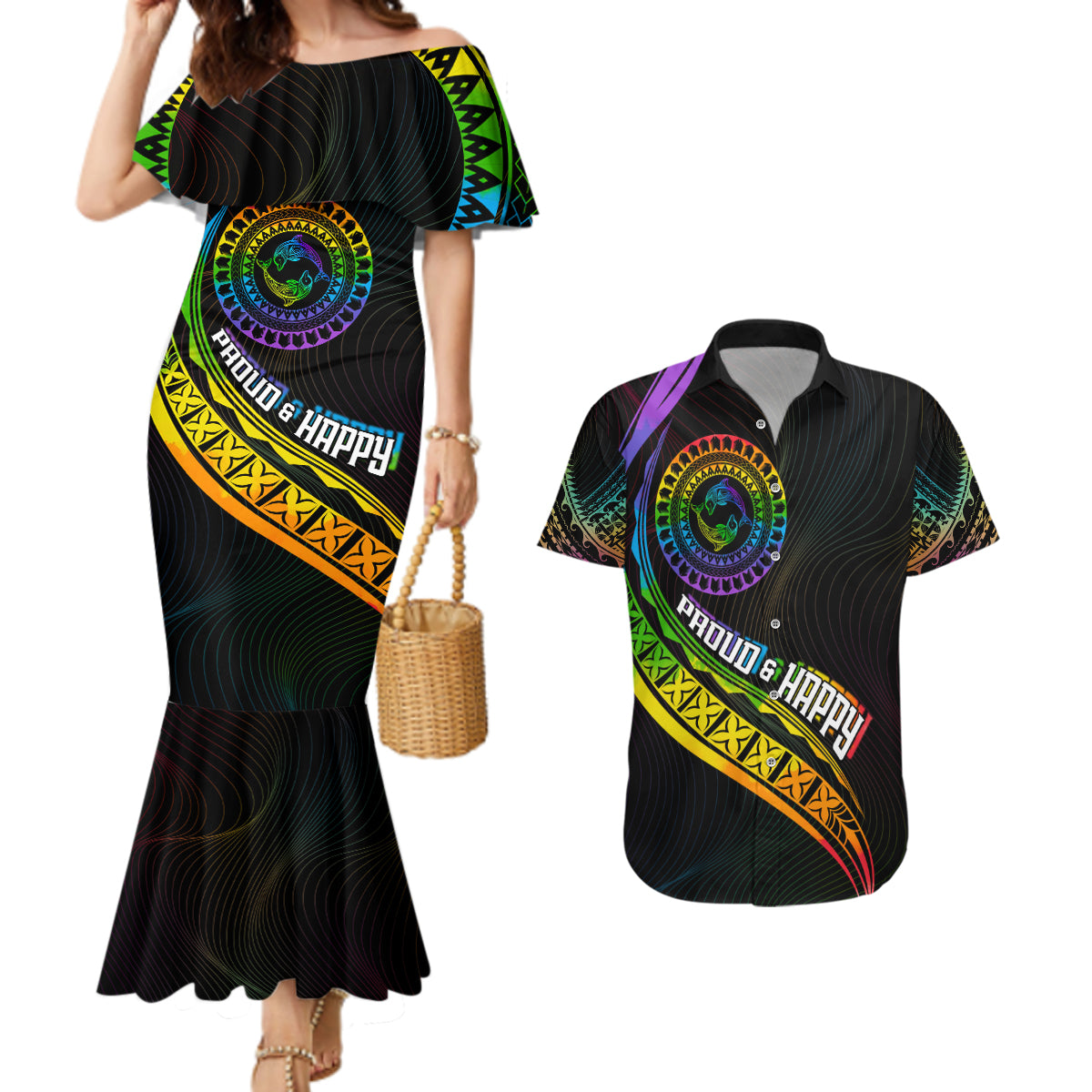 Personalised LGBT History Month Couples Matching Mermaid Dress and Hawaiian Shirt Proud And Happy Polynesian Dolphin LT05 Black - Polynesian Pride