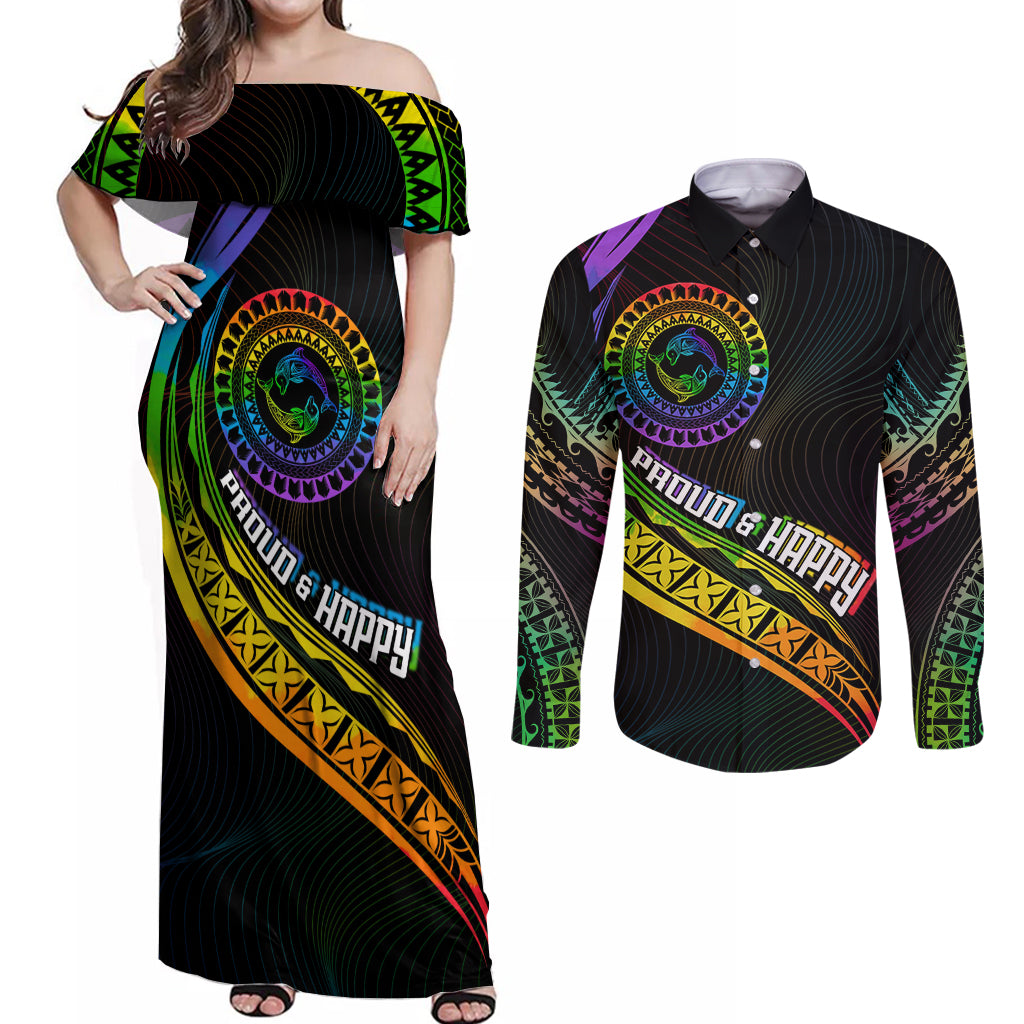 Personalised LGBT History Month Couples Matching Off Shoulder Maxi Dress and Long Sleeve Button Shirt Proud And Happy Polynesian Dolphin LT05 Black - Polynesian Pride