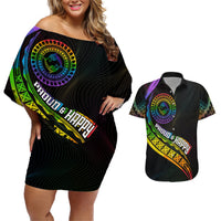 Personalised LGBT History Month Couples Matching Off Shoulder Short Dress and Hawaiian Shirt Proud And Happy Polynesian Dolphin LT05 Black - Polynesian Pride