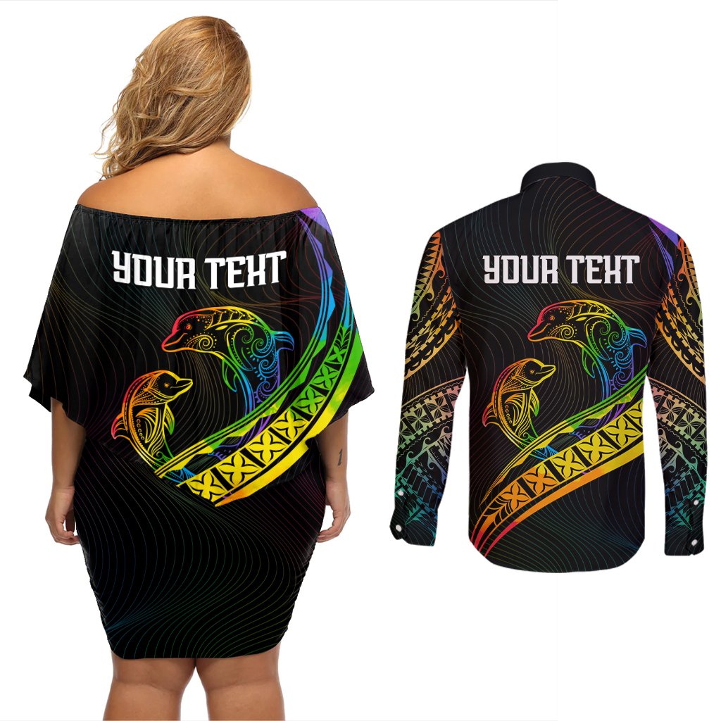 Personalised LGBT History Month Couples Matching Off Shoulder Short Dress and Long Sleeve Button Shirt Proud And Happy Polynesian Dolphin LT05 - Polynesian Pride