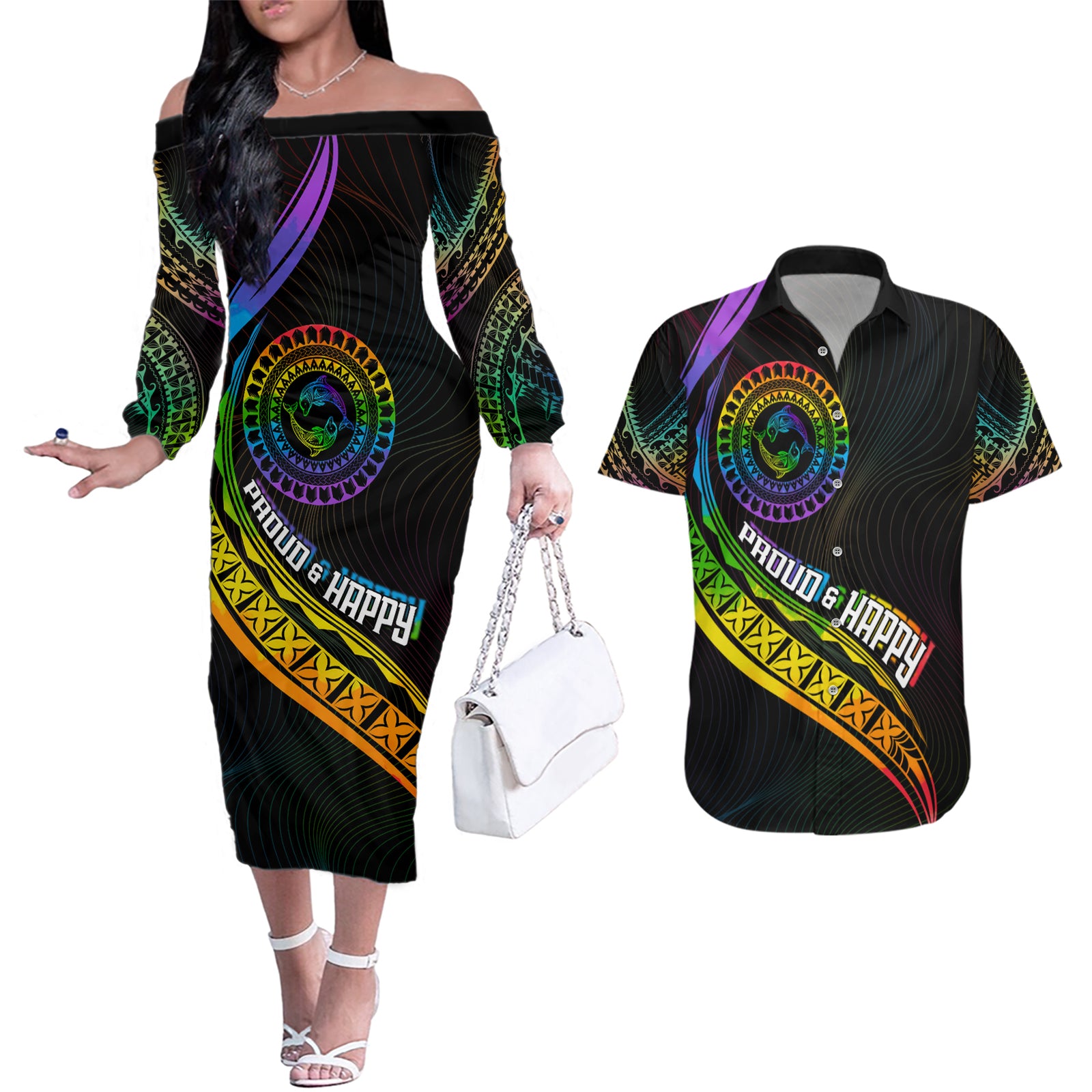 Personalised LGBT History Month Couples Matching Off The Shoulder Long Sleeve Dress and Hawaiian Shirt Proud And Happy Polynesian Dolphin LT05 Black - Polynesian Pride