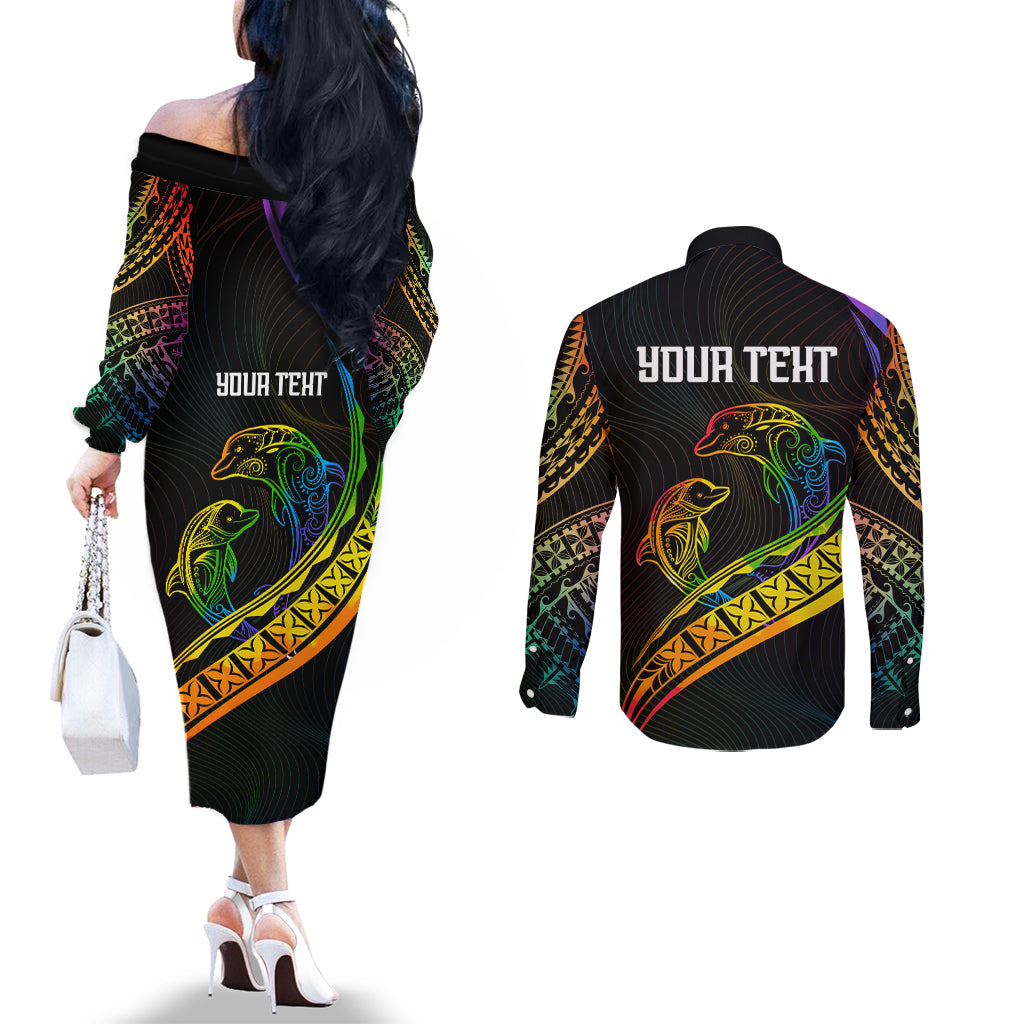 Personalised LGBT History Month Couples Matching Off The Shoulder Long Sleeve Dress and Long Sleeve Button Shirt Proud And Happy Polynesian Dolphin LT05 - Polynesian Pride
