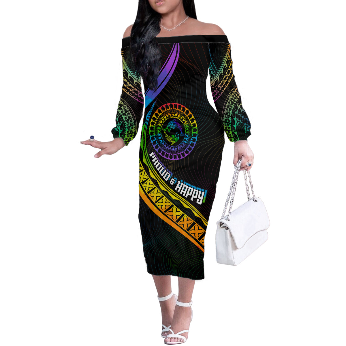 Personalised LGBT History Month Family Matching Off Shoulder Long Sleeve Dress and Hawaiian Shirt Proud And Happy Polynesian Dolphin LT05 Mom's Dress Black - Polynesian Pride