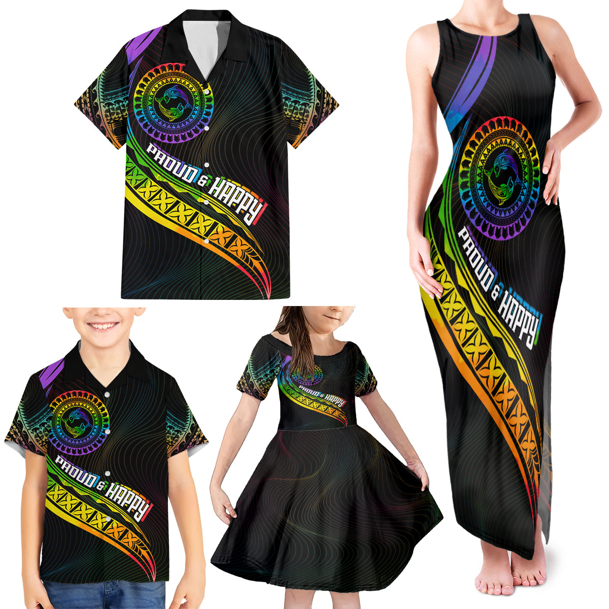 Personalised LGBT History Month Family Matching Tank Maxi Dress and Hawaiian Shirt Proud And Happy Polynesian Dolphin LT05 - Polynesian Pride