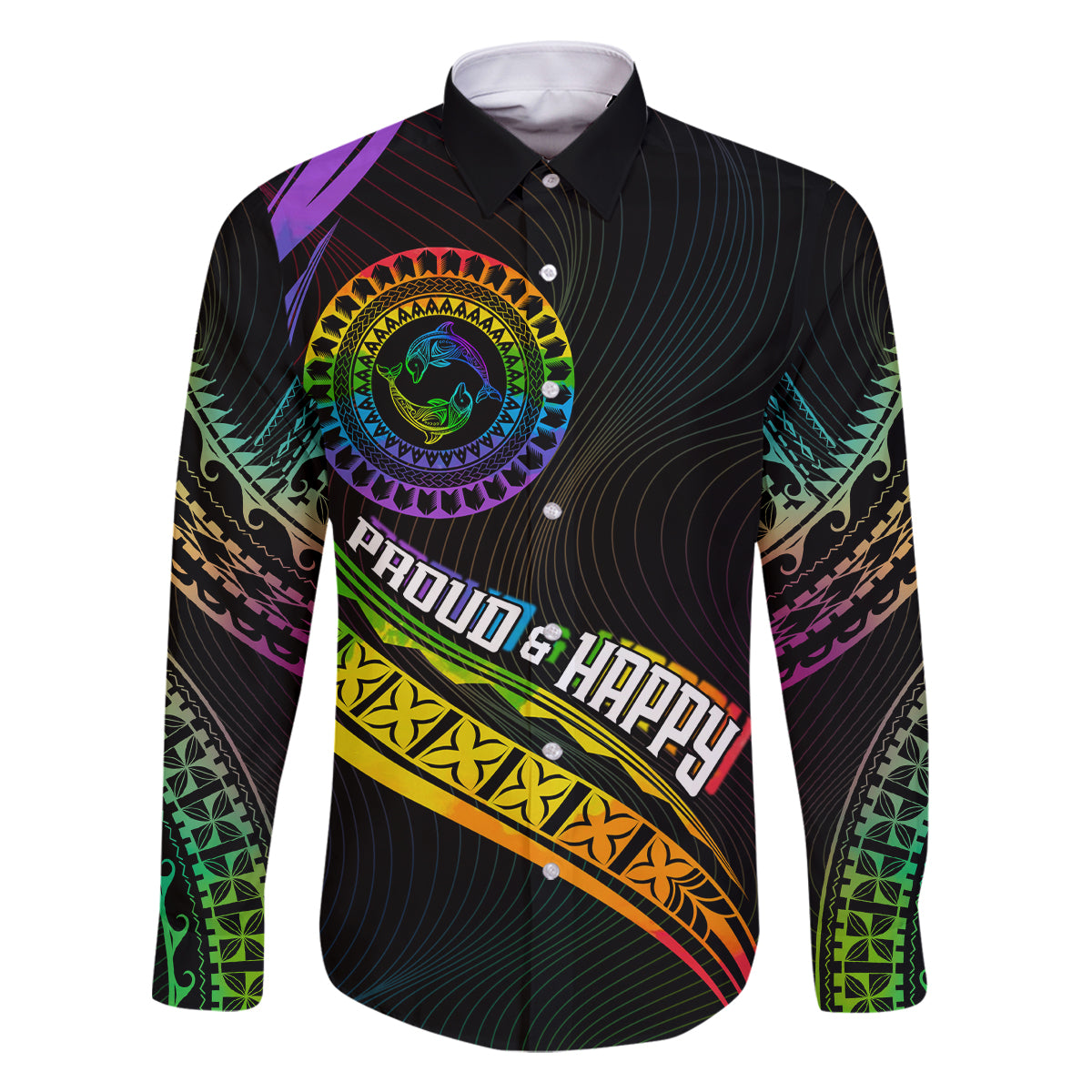 Personalised LGBT History Month Family Matching Tank Maxi Dress and Hawaiian Shirt Proud And Happy Polynesian Dolphin LT05 Dad's Shirt - Long Sleeve Black - Polynesian Pride