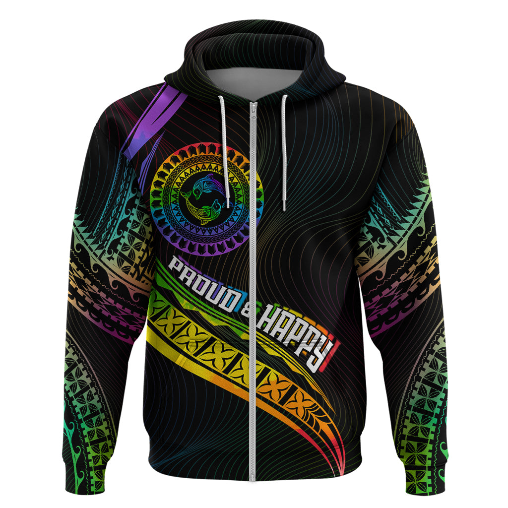 Personalised LGBT History Month Hoodie Proud And Happy Polynesian Dolphin LT05 Zip Hoodie Black - Polynesian Pride