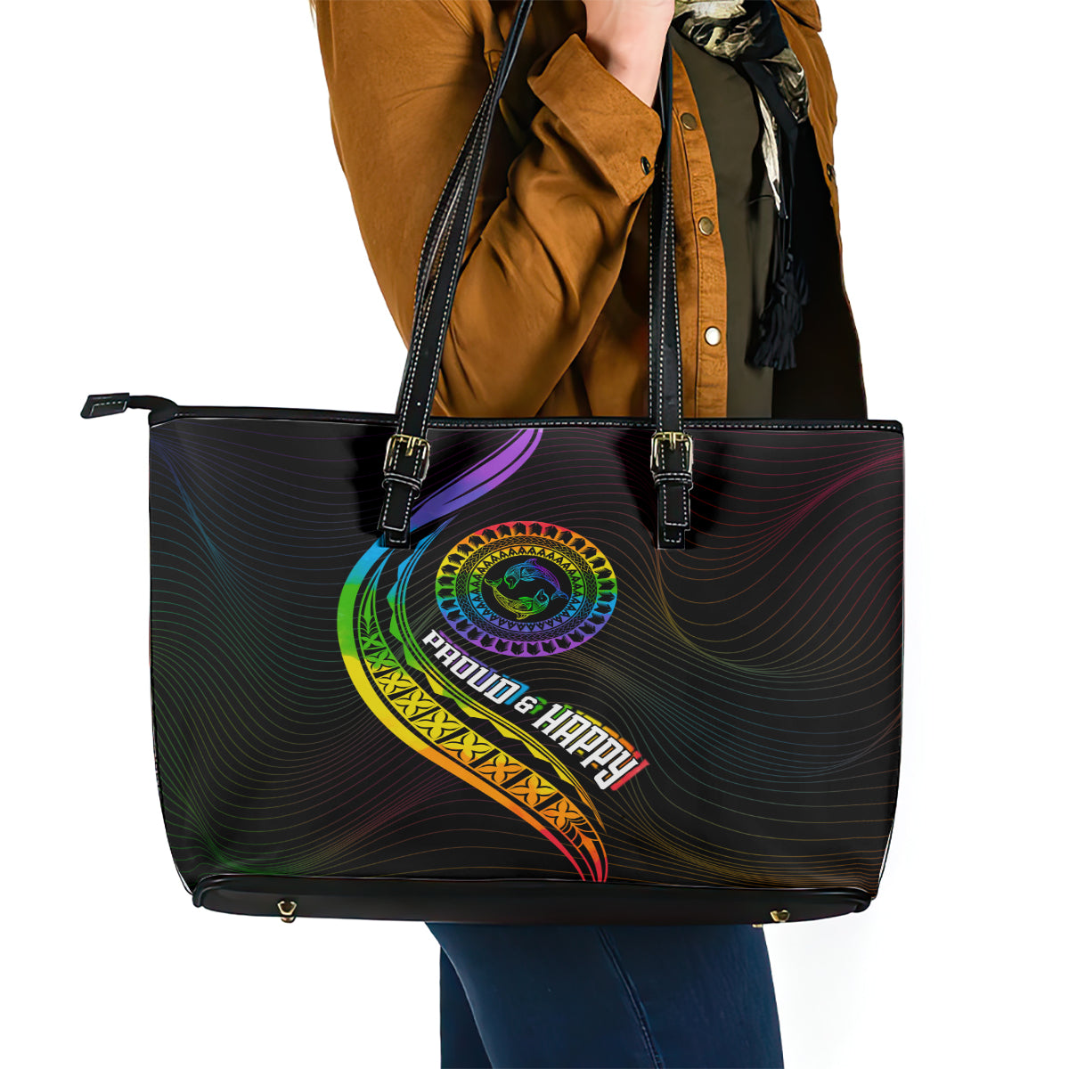 LGBT History Month Leather Tote Bag Proud And Happy Polynesian Dolphin LT05 - Polynesian Pride