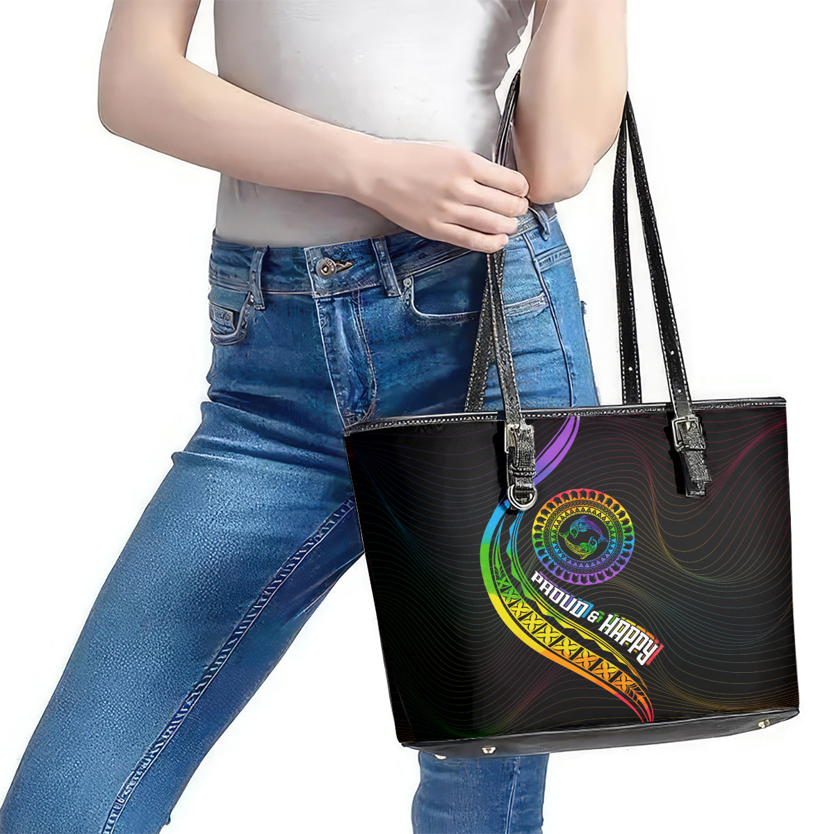 LGBT History Month Leather Tote Bag Proud And Happy Polynesian Dolphin LT05 - Polynesian Pride