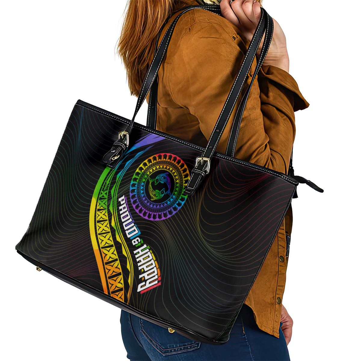 LGBT History Month Leather Tote Bag Proud And Happy Polynesian Dolphin LT05 - Polynesian Pride