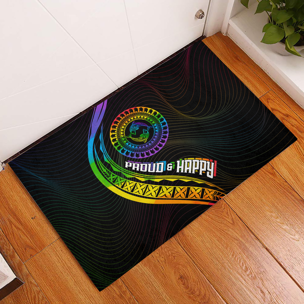 LGBT History Month Rubber Doormat Proud And Happy Polynesian Dolphin LT05 Black - Polynesian Pride
