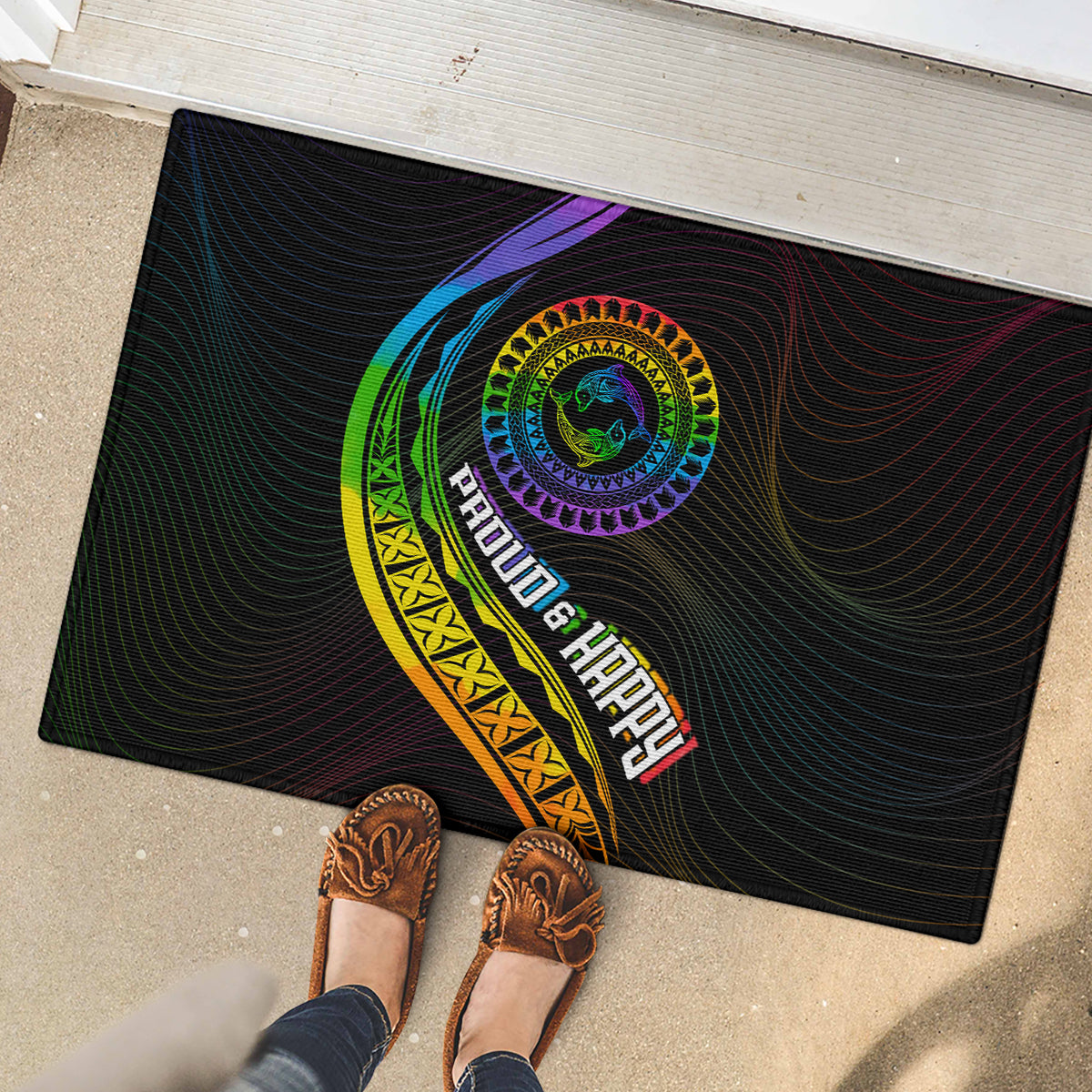 LGBT History Month Rubber Doormat Proud And Happy Polynesian Dolphin LT05 - Polynesian Pride