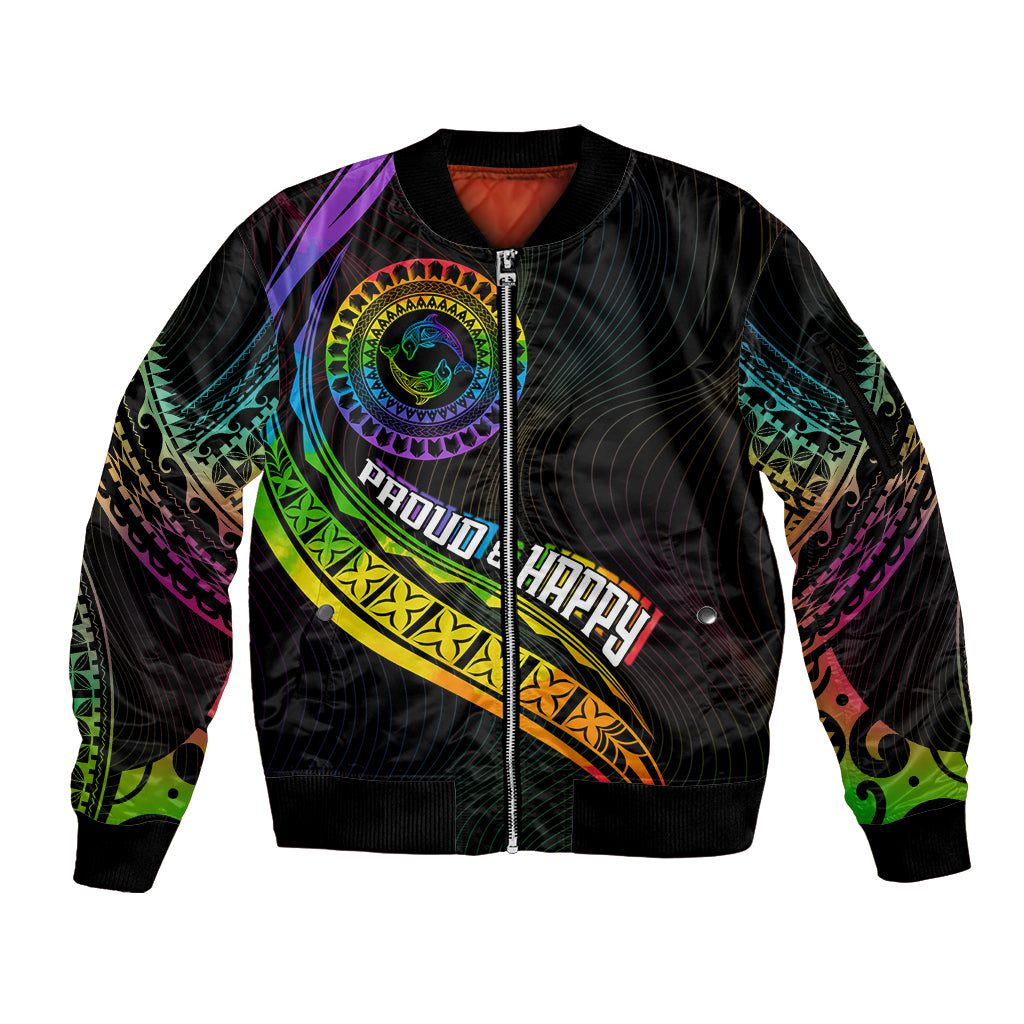 Personalised LGBT History Month Sleeve Zip Bomber Jacket Proud And Happy Polynesian Dolphin LT05 Unisex Black - Polynesian Pride