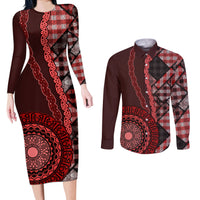 New Zealand Aotearoa Couples Matching Long Sleeve Bodycon Dress and Long Sleeve Button Shirt Maori Harakeke Weaving Pattern Red LT05 Red - Polynesian Pride