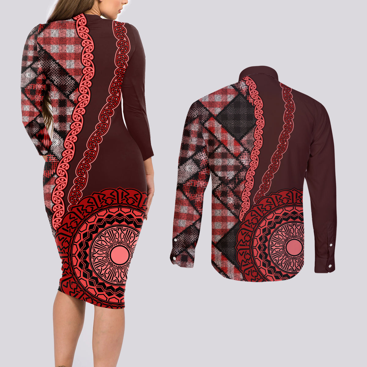 New Zealand Aotearoa Couples Matching Long Sleeve Bodycon Dress and Long Sleeve Button Shirt Maori Harakeke Weaving Pattern Red LT05 - Polynesian Pride