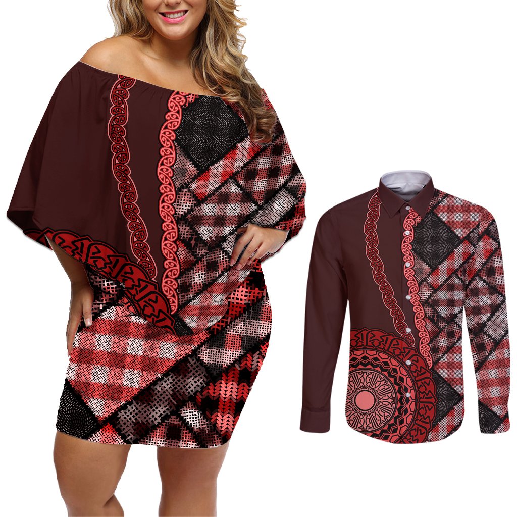 New Zealand Aotearoa Couples Matching Off Shoulder Short Dress and Long Sleeve Button Shirt Maori Harakeke Weaving Pattern Red LT05 Red - Polynesian Pride