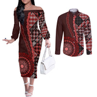 New Zealand Aotearoa Couples Matching Off The Shoulder Long Sleeve Dress and Long Sleeve Button Shirt Maori Harakeke Weaving Pattern Red LT05 Red - Polynesian Pride