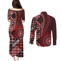 New Zealand Aotearoa Couples Matching Puletasi Dress and Long Sleeve Button Shirt Maori Harakeke Weaving Pattern Red LT05 - Polynesian Pride