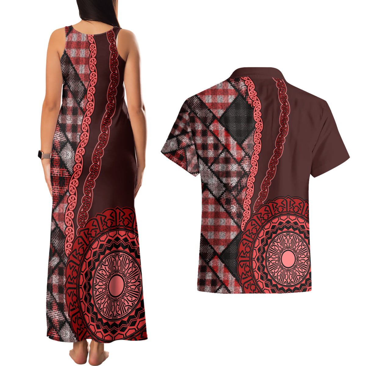 New Zealand Aotearoa Couples Matching Tank Maxi Dress and Hawaiian Shirt Maori Harakeke Weaving Pattern Red LT05 - Polynesian Pride