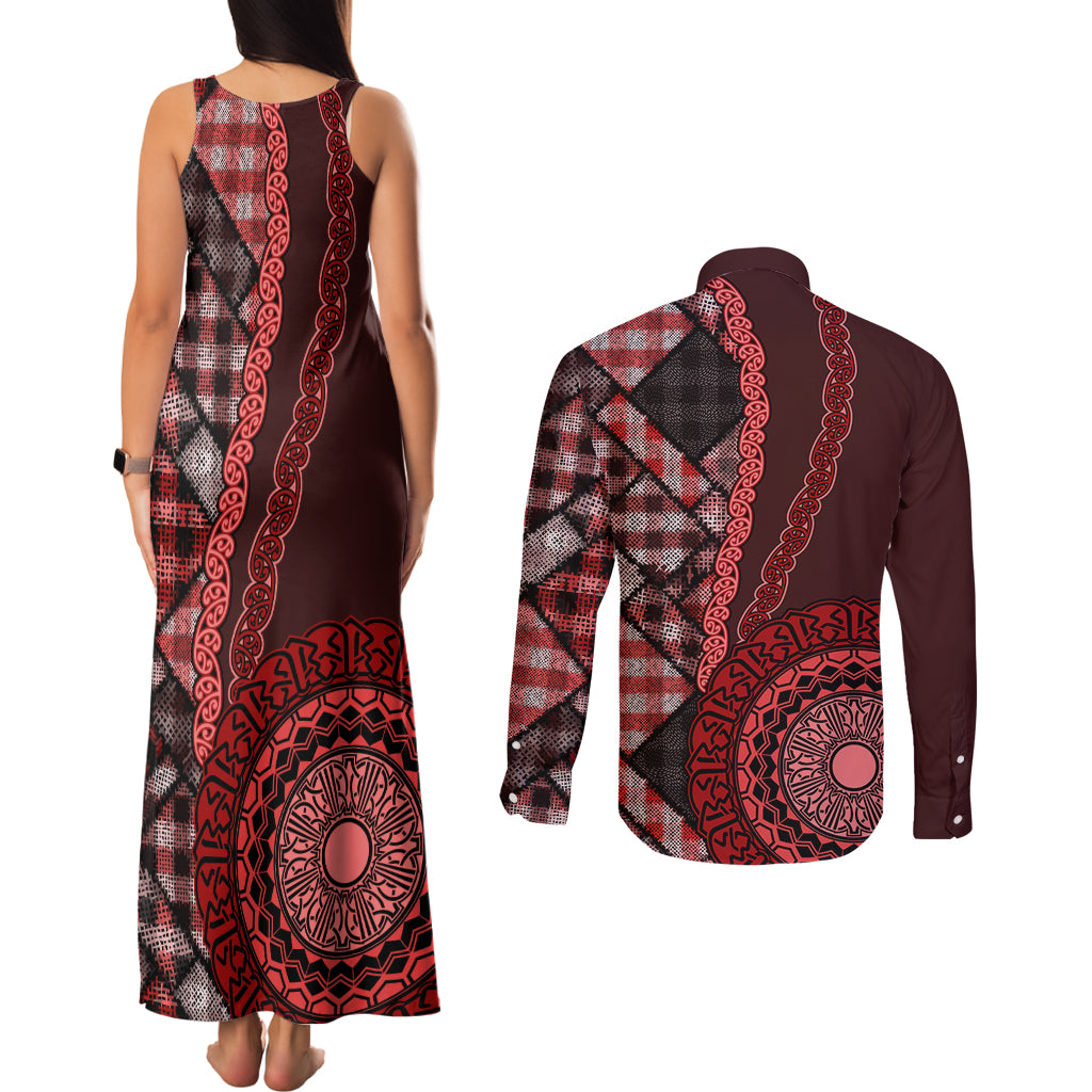New Zealand Aotearoa Couples Matching Tank Maxi Dress and Long Sleeve Button Shirt Maori Harakeke Weaving Pattern Red LT05 - Polynesian Pride