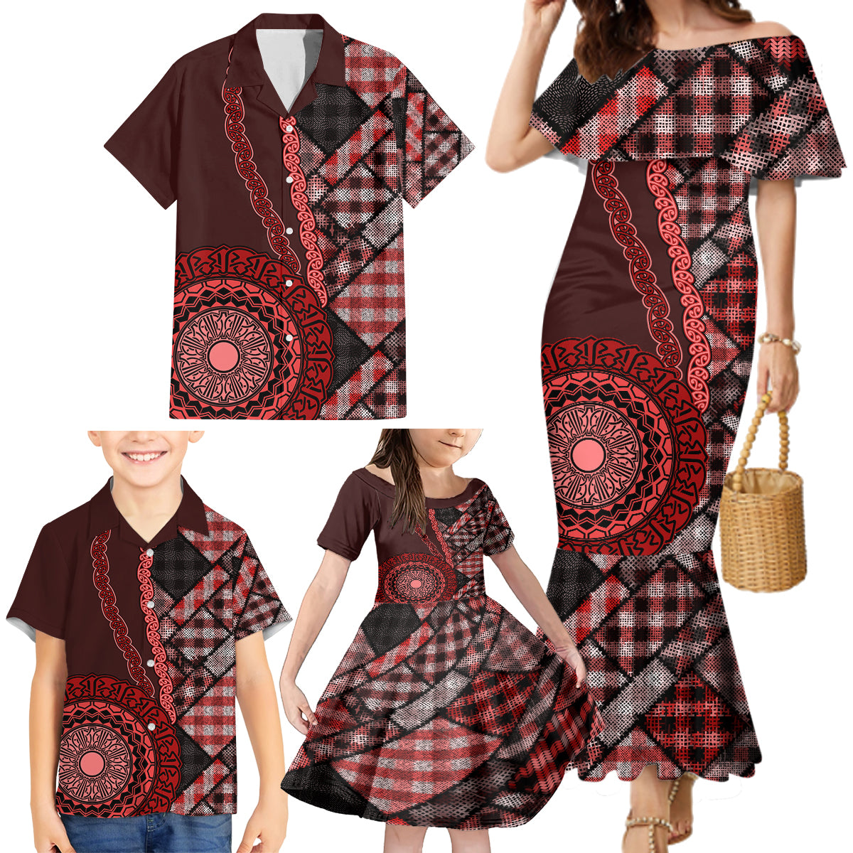 New Zealand Aotearoa Family Matching Mermaid Dress and Hawaiian Shirt Maori Harakeke Weaving Pattern Red LT05 - Polynesian Pride