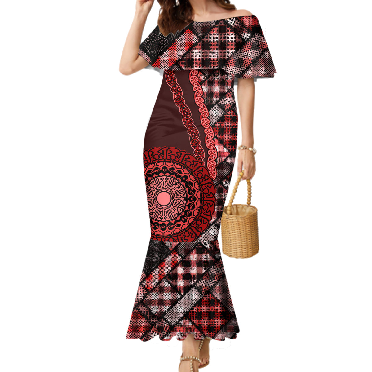 New Zealand Aotearoa Family Matching Mermaid Dress and Hawaiian Shirt Maori Harakeke Weaving Pattern Red LT05 Mom's Dress Red - Polynesian Pride