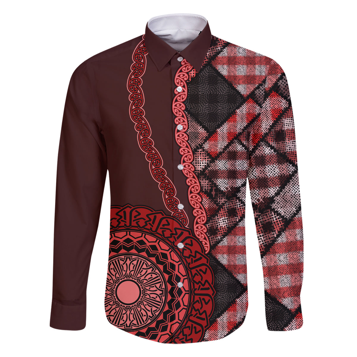 New Zealand Aotearoa Family Matching Off Shoulder Short Dress and Hawaiian Shirt Maori Harakeke Weaving Pattern Red LT05 Dad's Shirt - Long Sleeve Red - Polynesian Pride
