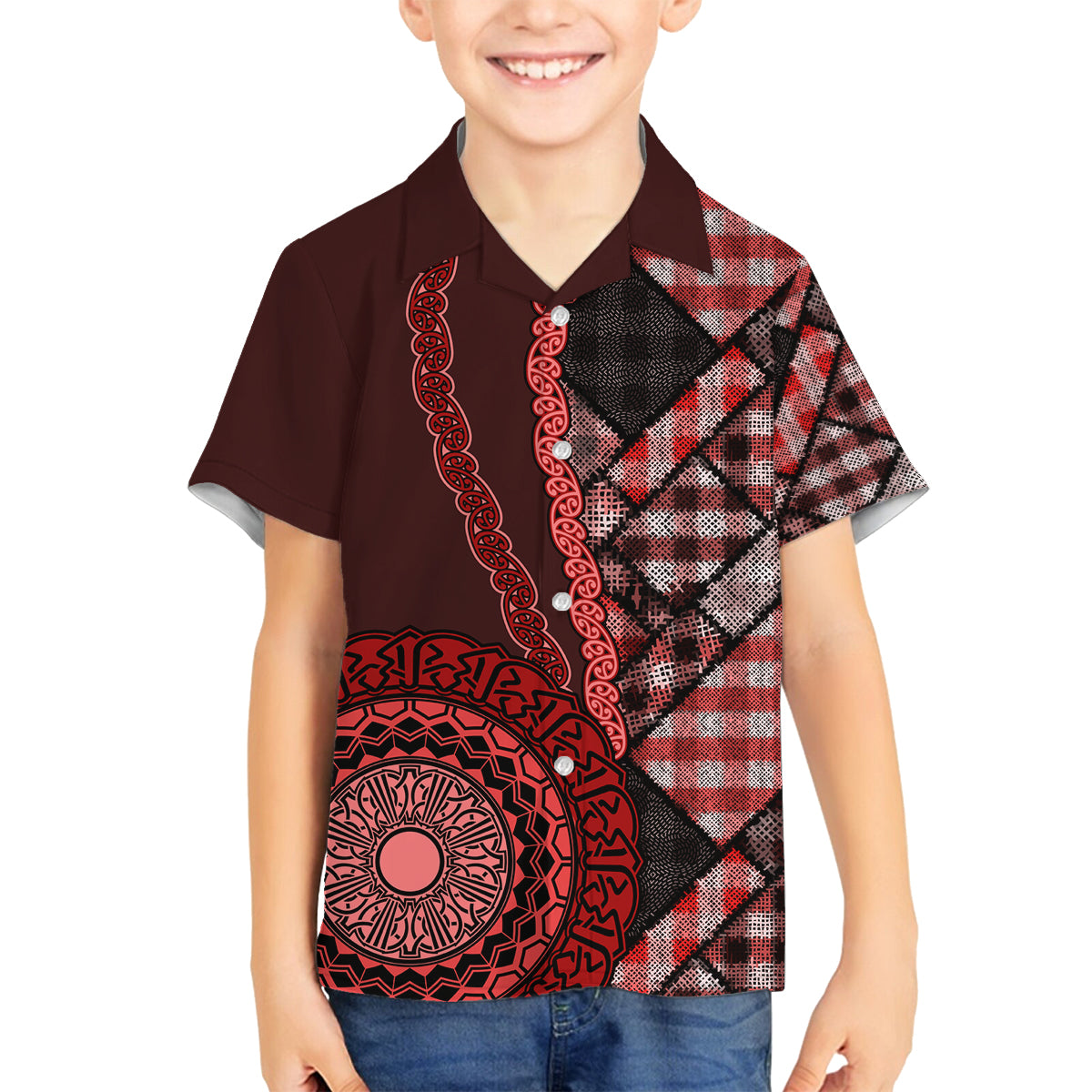 New Zealand Aotearoa Family Matching Off Shoulder Short Dress and Hawaiian Shirt Maori Harakeke Weaving Pattern Red LT05 Son's Shirt Red - Polynesian Pride