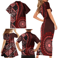 New Zealand Aotearoa Family Matching Short Sleeve Bodycon Dress and Hawaiian Shirt Maori Harakeke Weaving Pattern Red LT05 - Polynesian Pride