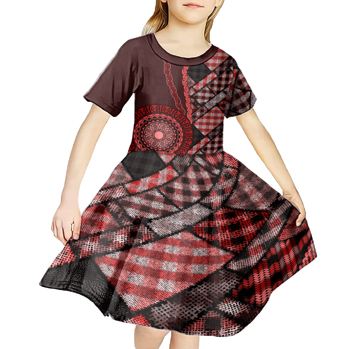 New Zealand Aotearoa Kid Short Sleeve Dress Maori Harakeke Weaving Pattern Red LT05 - Polynesian Pride