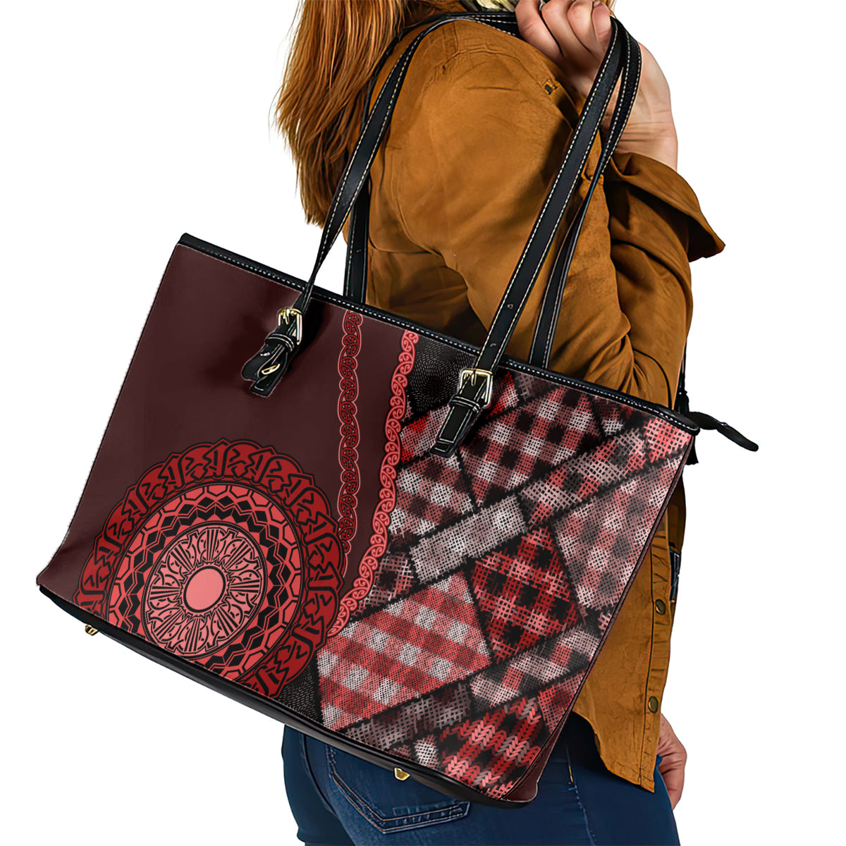 New Zealand Aotearoa Leather Tote Bag Maori Harakeke Weaving Pattern Red LT05 - Polynesian Pride