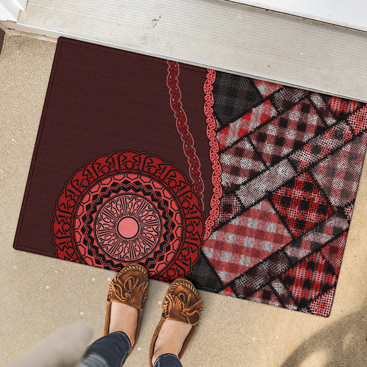 New Zealand Aotearoa Rubber Doormat Maori Harakeke Weaving Pattern Red LT05 - Polynesian Pride