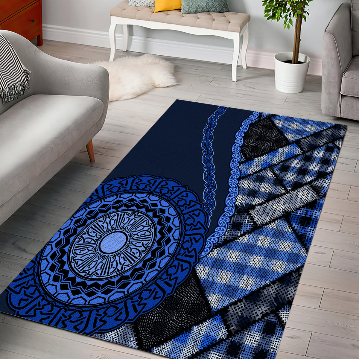 New Zealand Aotearoa Area Rug Maori Harakeke Weaving Pattern Blue LT05 - Polynesian Pride