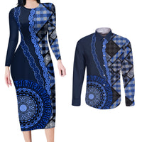 New Zealand Aotearoa Couples Matching Long Sleeve Bodycon Dress and Long Sleeve Button Shirt Maori Harakeke Weaving Pattern Blue LT05 Blue - Polynesian Pride